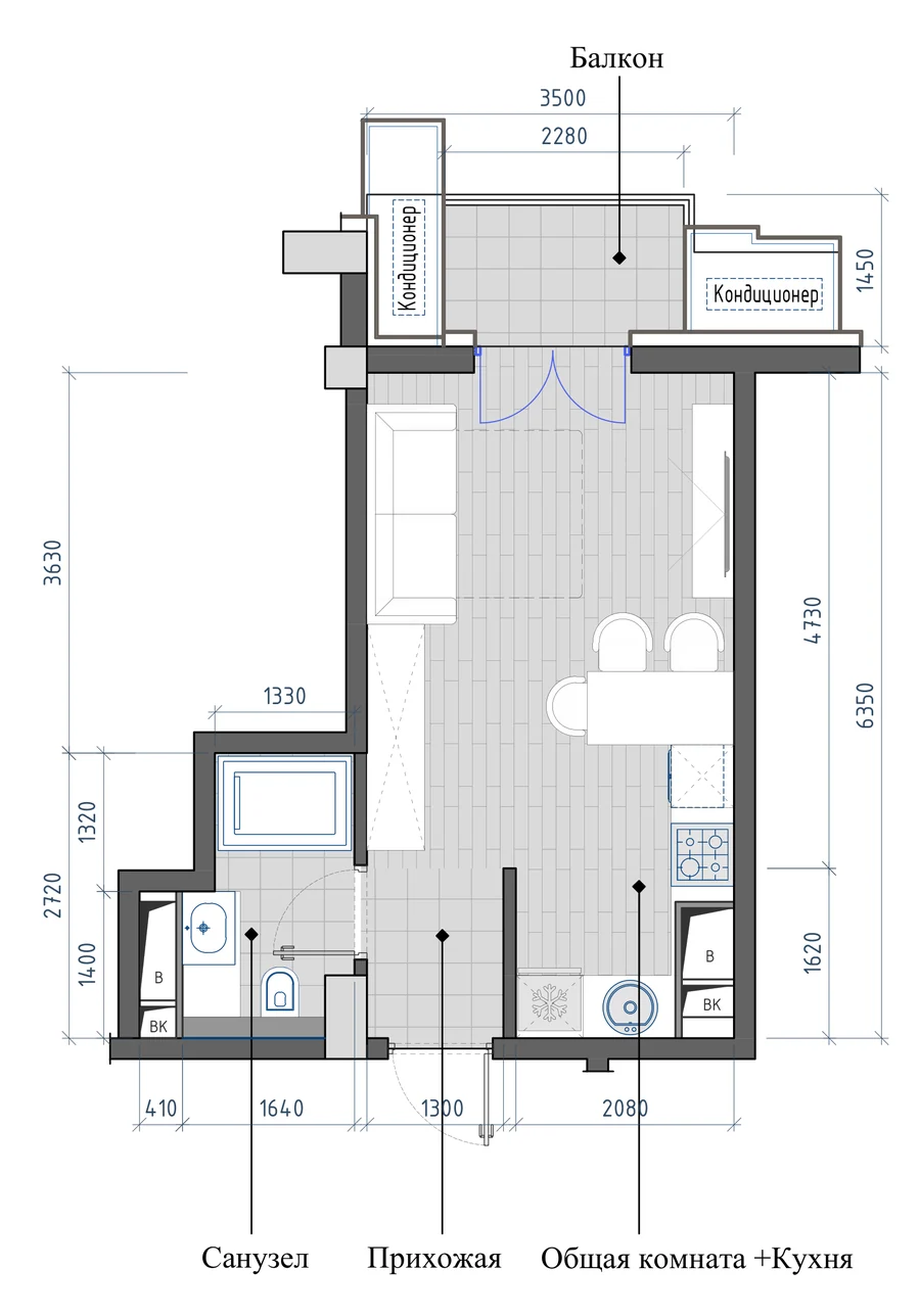 1-комнатная 27,21 м² — планировка