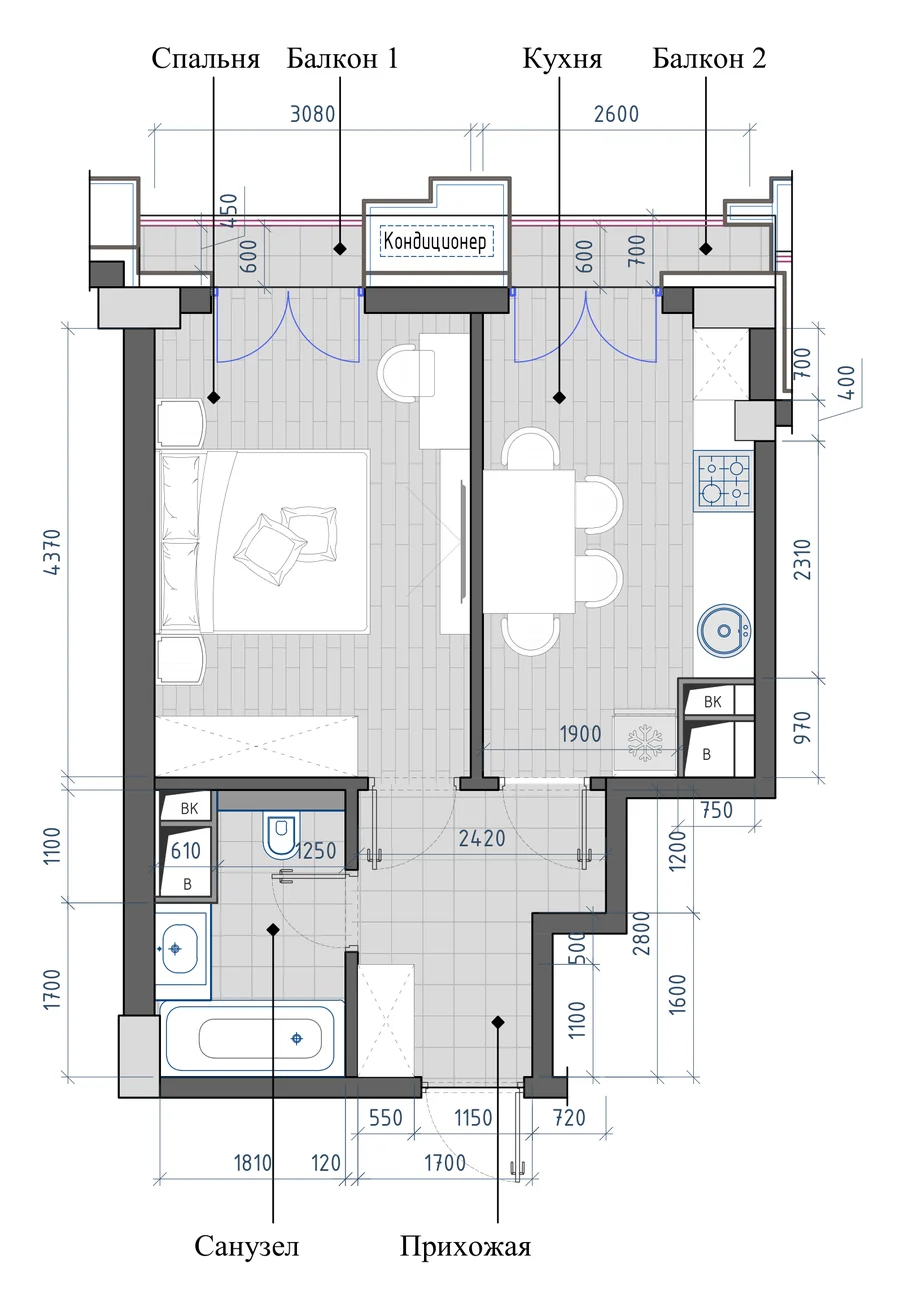 1-комнатная 37,51 м² — планировка