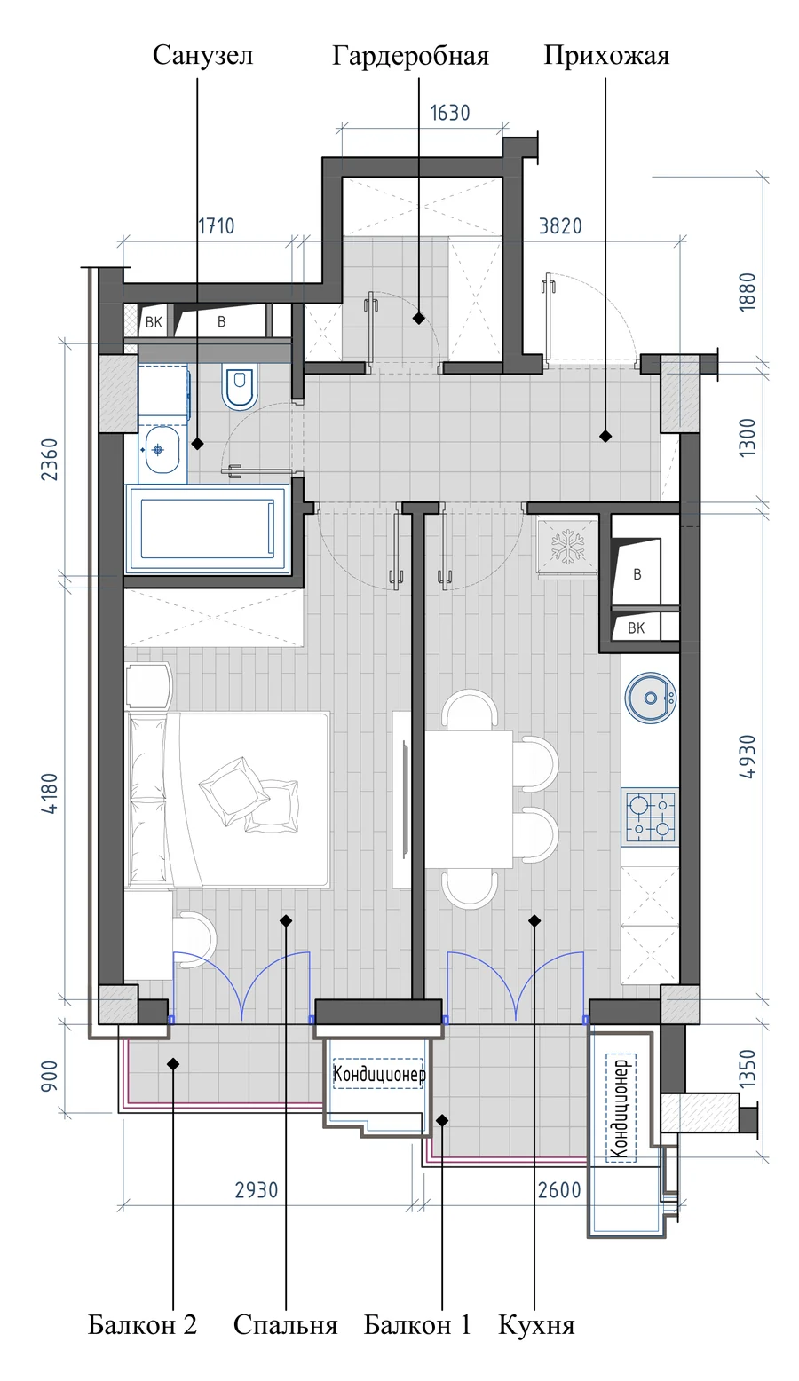 1-комнатная 39,81 м² — планировка
