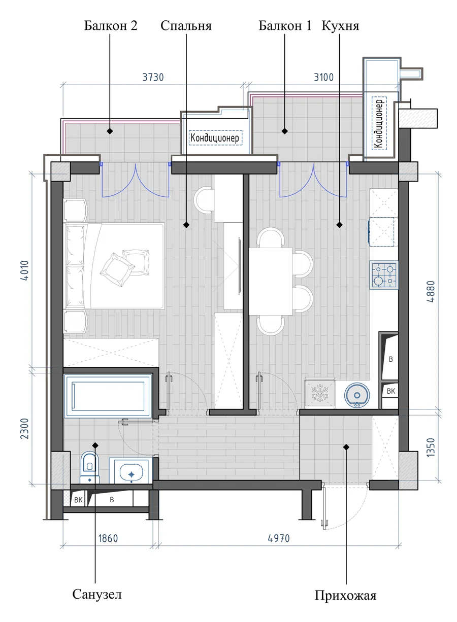 1-комнатная 45,34 м² — планировка