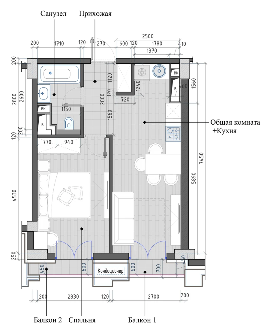 2-комнатная 41,46 м² — планировка