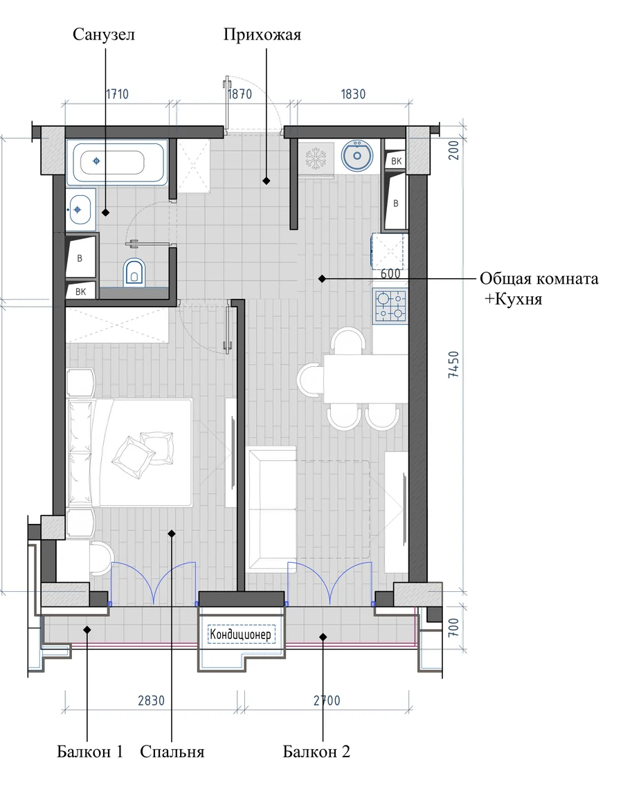 2-комнатная 41,69 м² — планировка