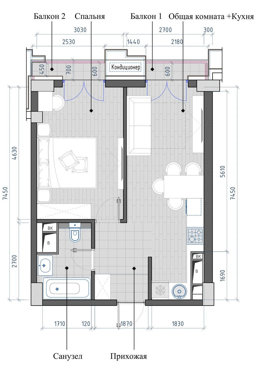 2-комнатная 42,50 м² — планировка
