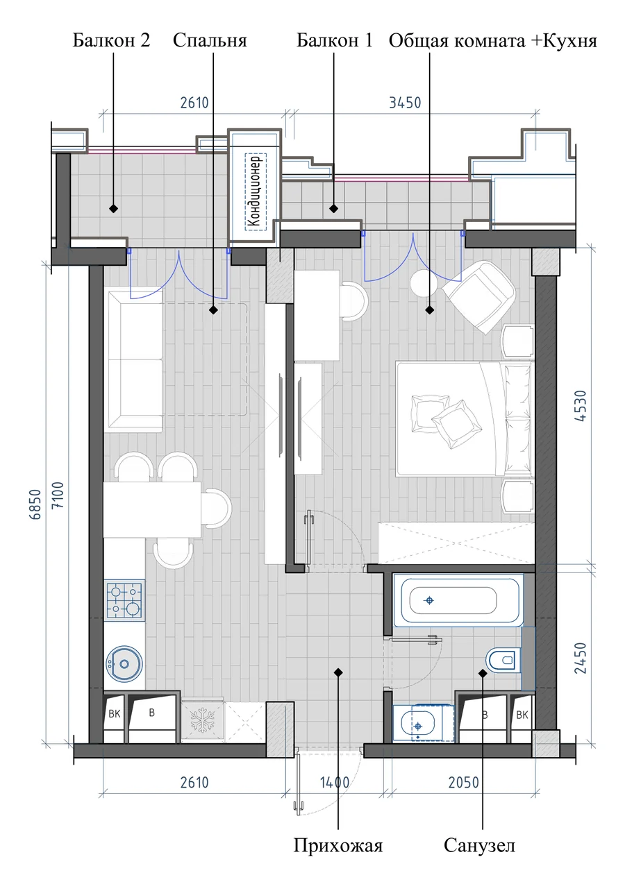 2-комнатная 43,30 м² — планировка
