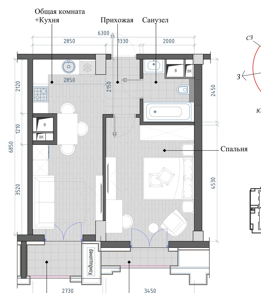 2-комнатная 43,67 м² — планировка
