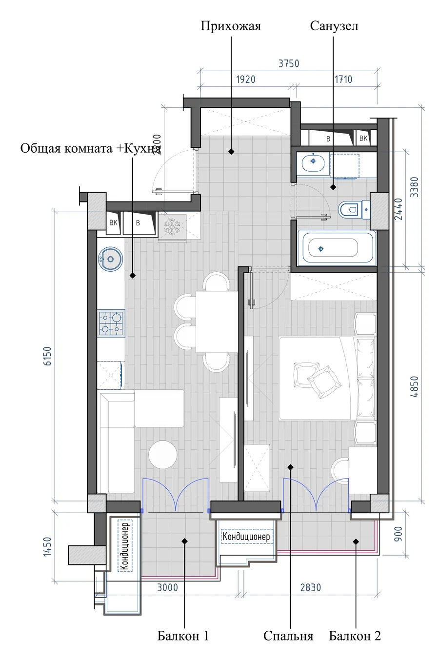 2-комнатная 43,89 м² — планировка