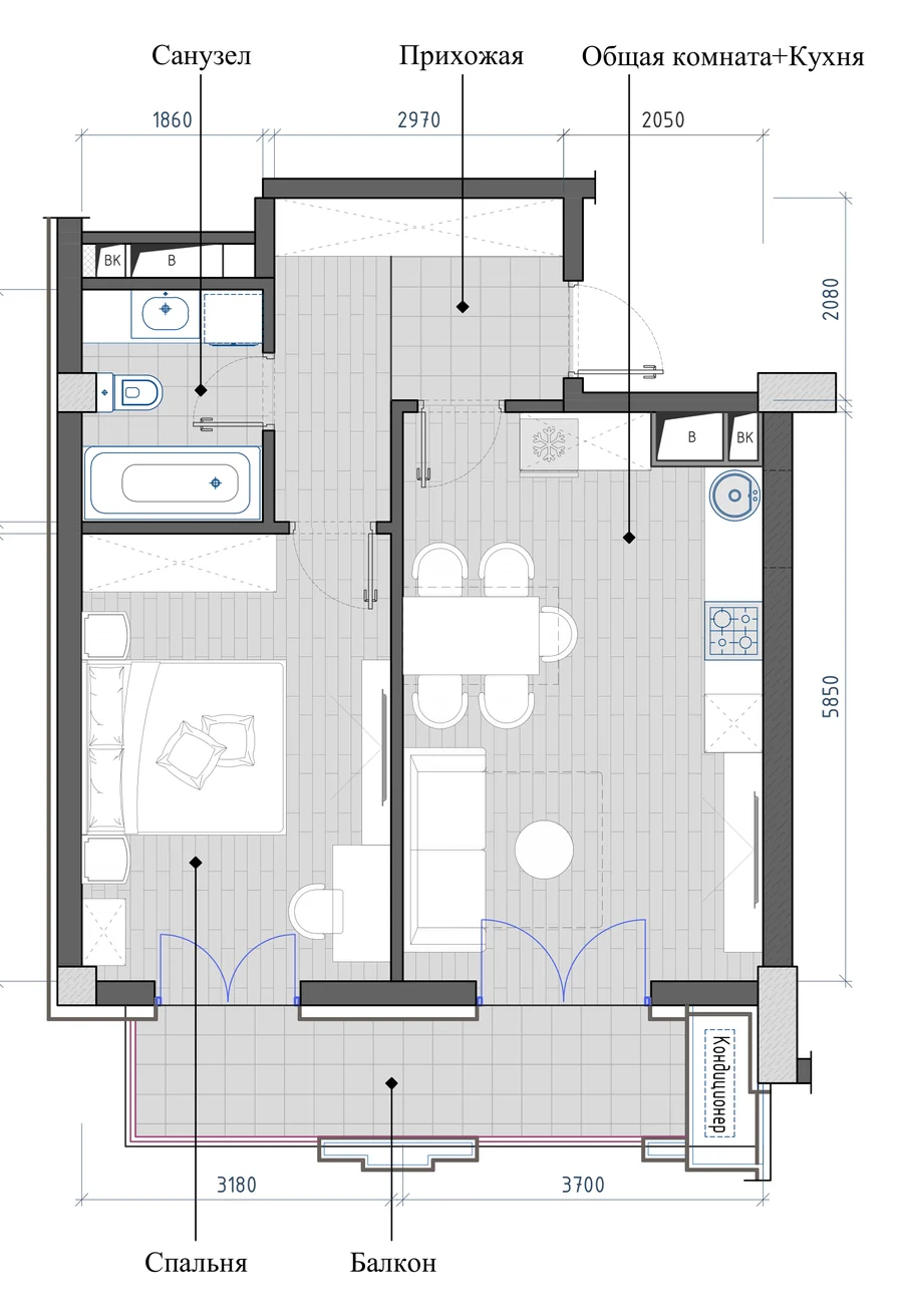 2-комнатная 52,52 м² — планировка