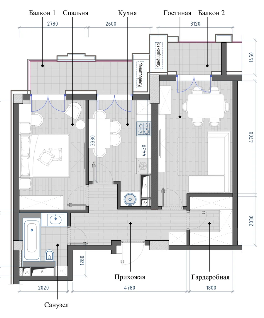 2-комнатная 58,44 м² — планировка