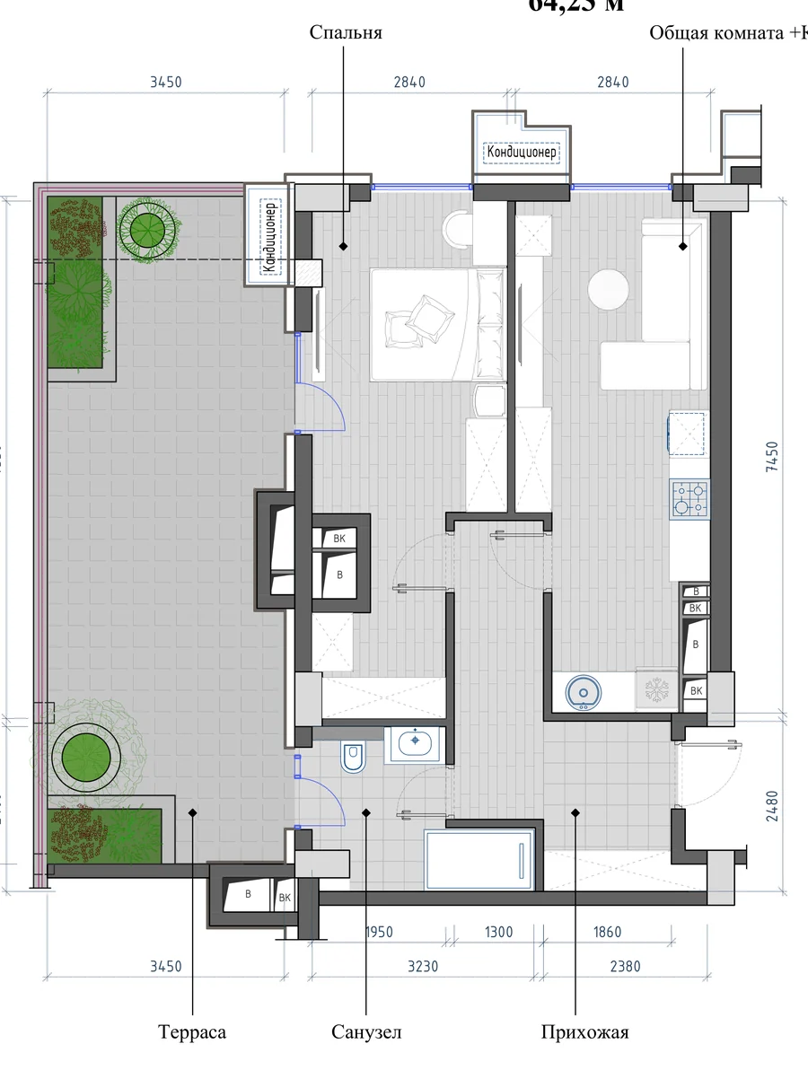 2-комнатная 64,23 м² — планировка