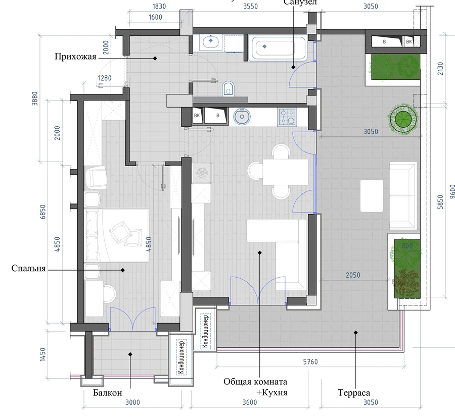 2-комнатная 65,95 м² — планировка