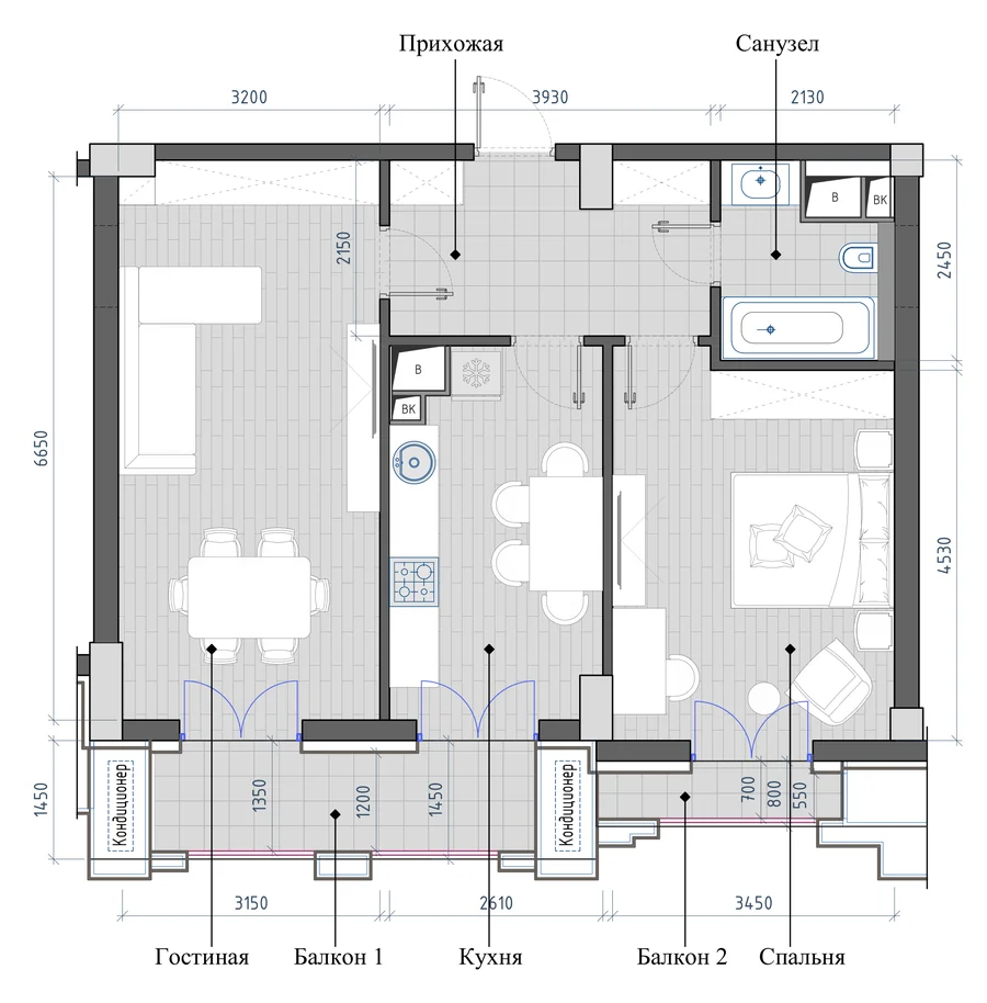 2-комнатная 67,08 м² — планировка