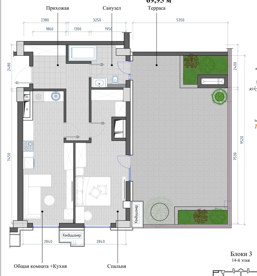 2-комнатная 69,95 м² — планировка