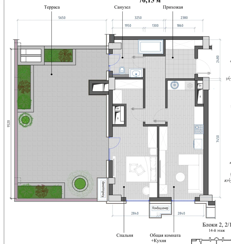 2-комнатная 70,15 м² — планировка