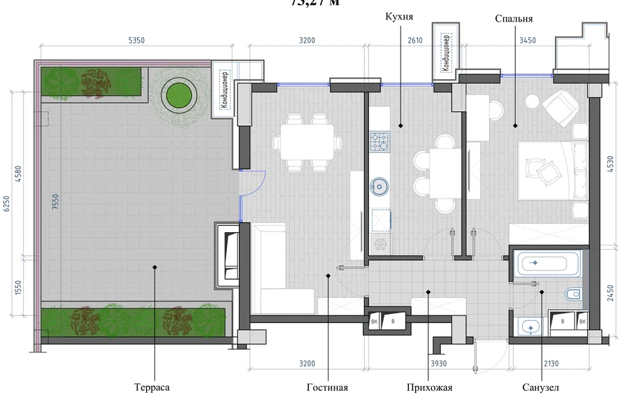 2-комнатная 73,27 м² — планировка