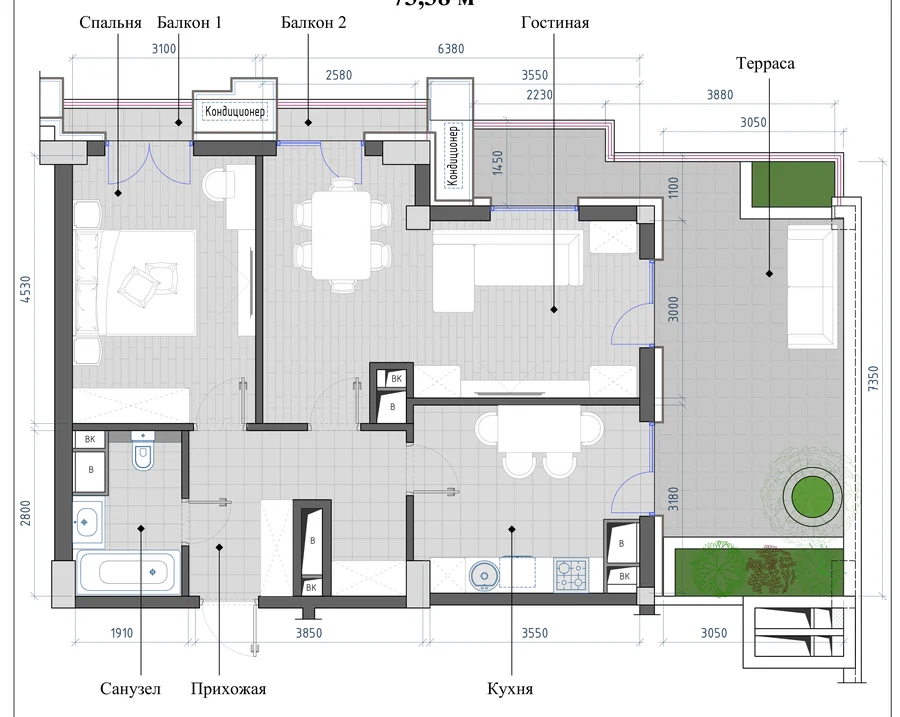 2-комнатная 73,38 м² — планировка
