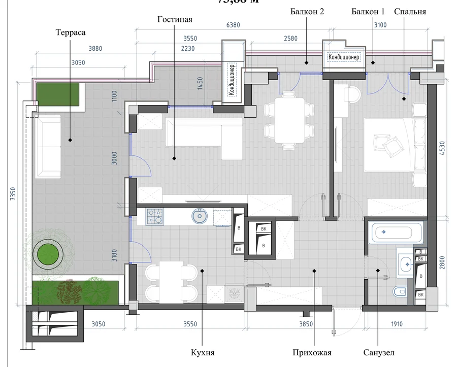 2-комнатная 73,88 м² — планировка