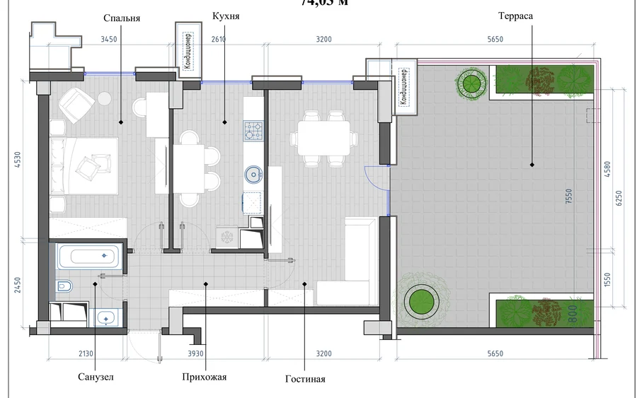 2-комнатная 74,03 м² — планировка