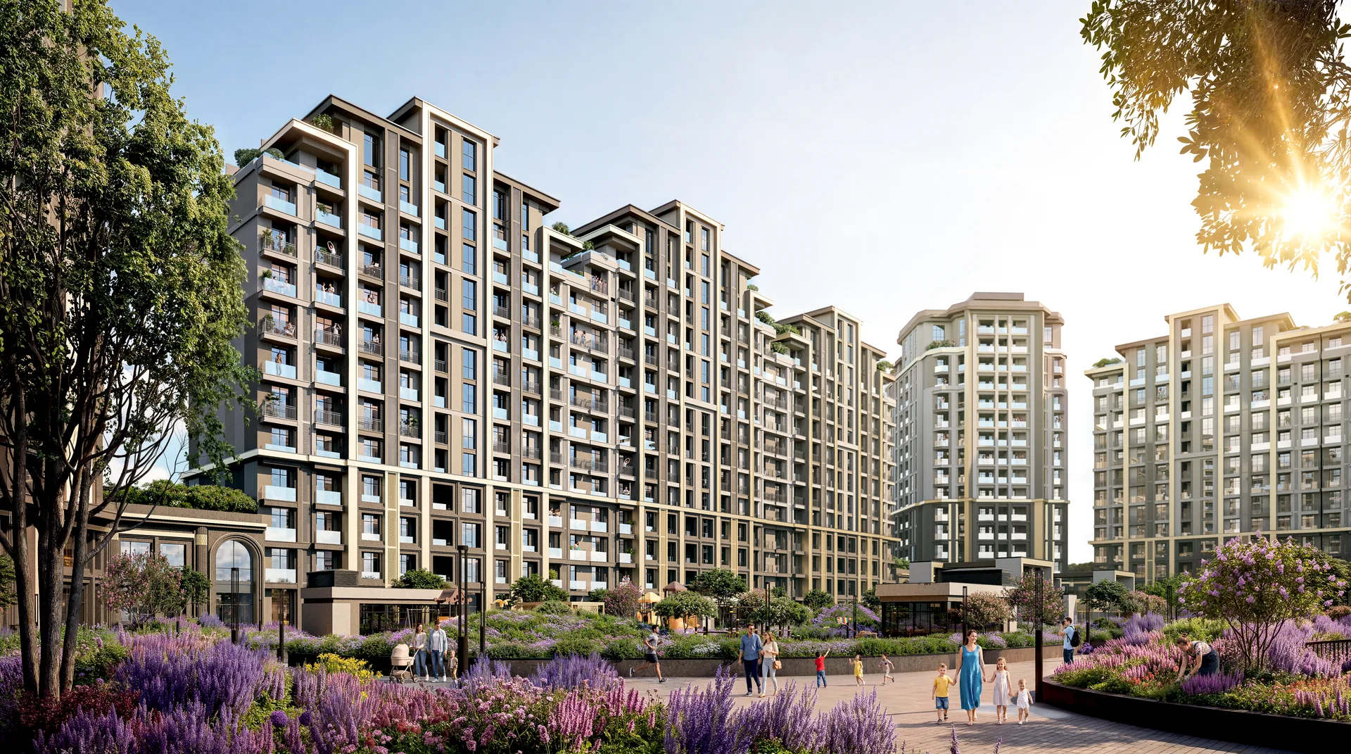 Двор-парк PARI Residence: цветение и прогулочные дорожки