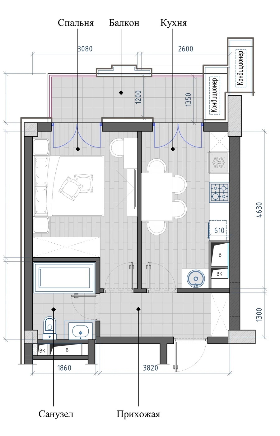 Layout: 1-room, 36.84 m²