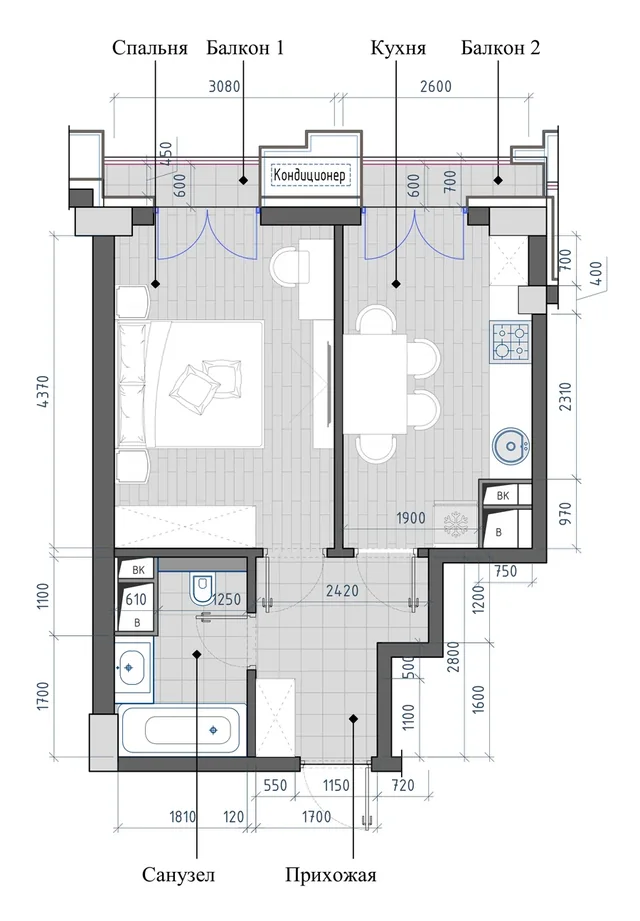 Планировка: 1-комнатная, 37,51 м²