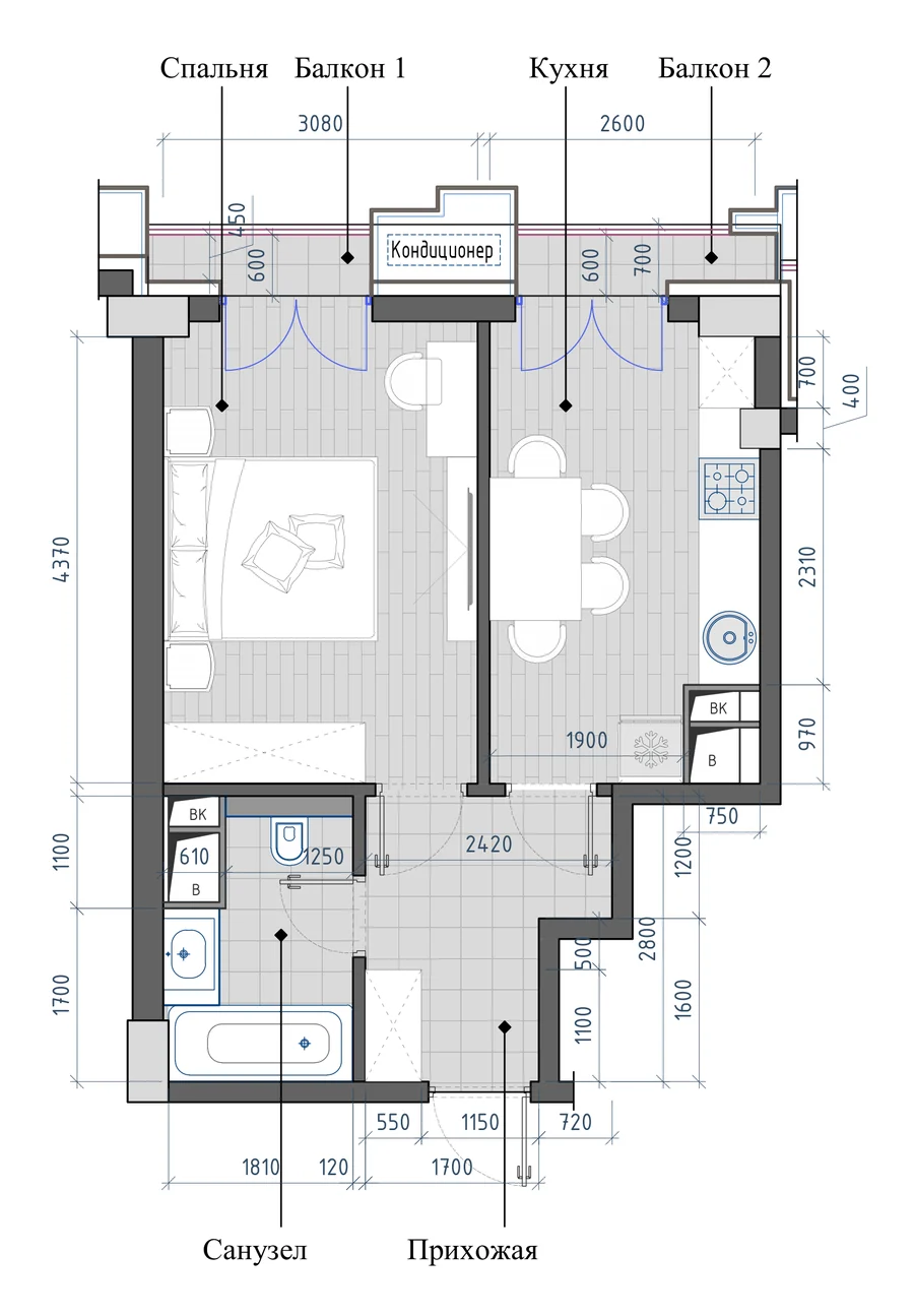 Layout: 1-room, 37.51 m²