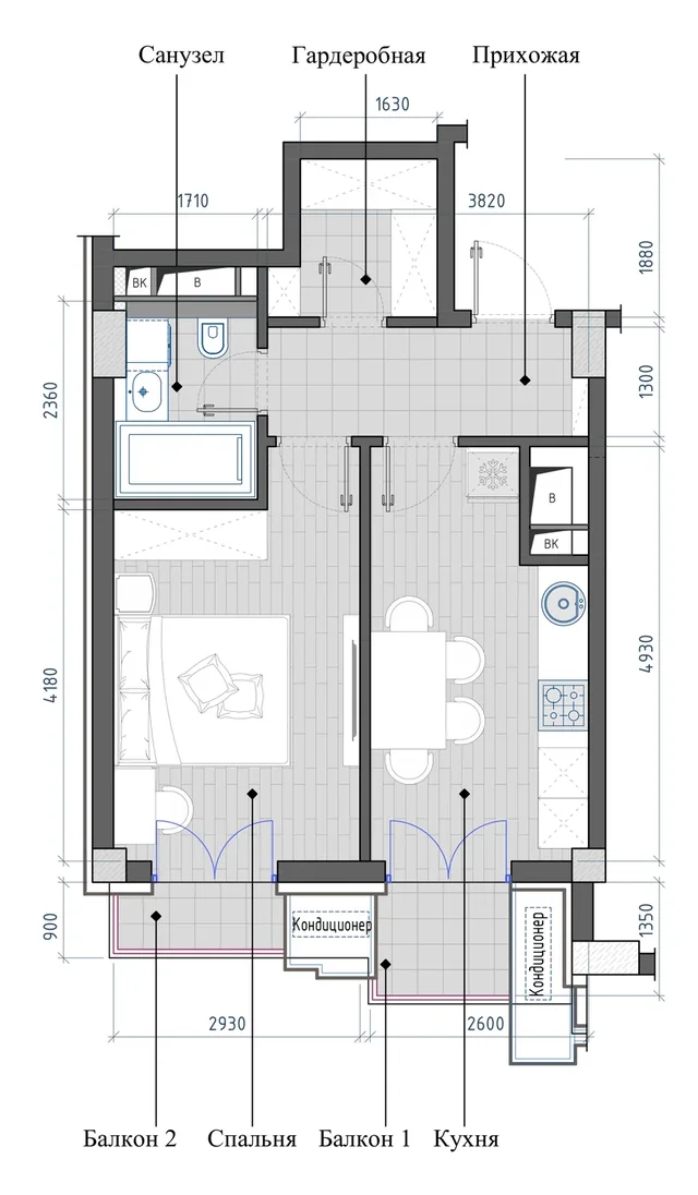 Планировка: 1-комнатная, 39,81 м²