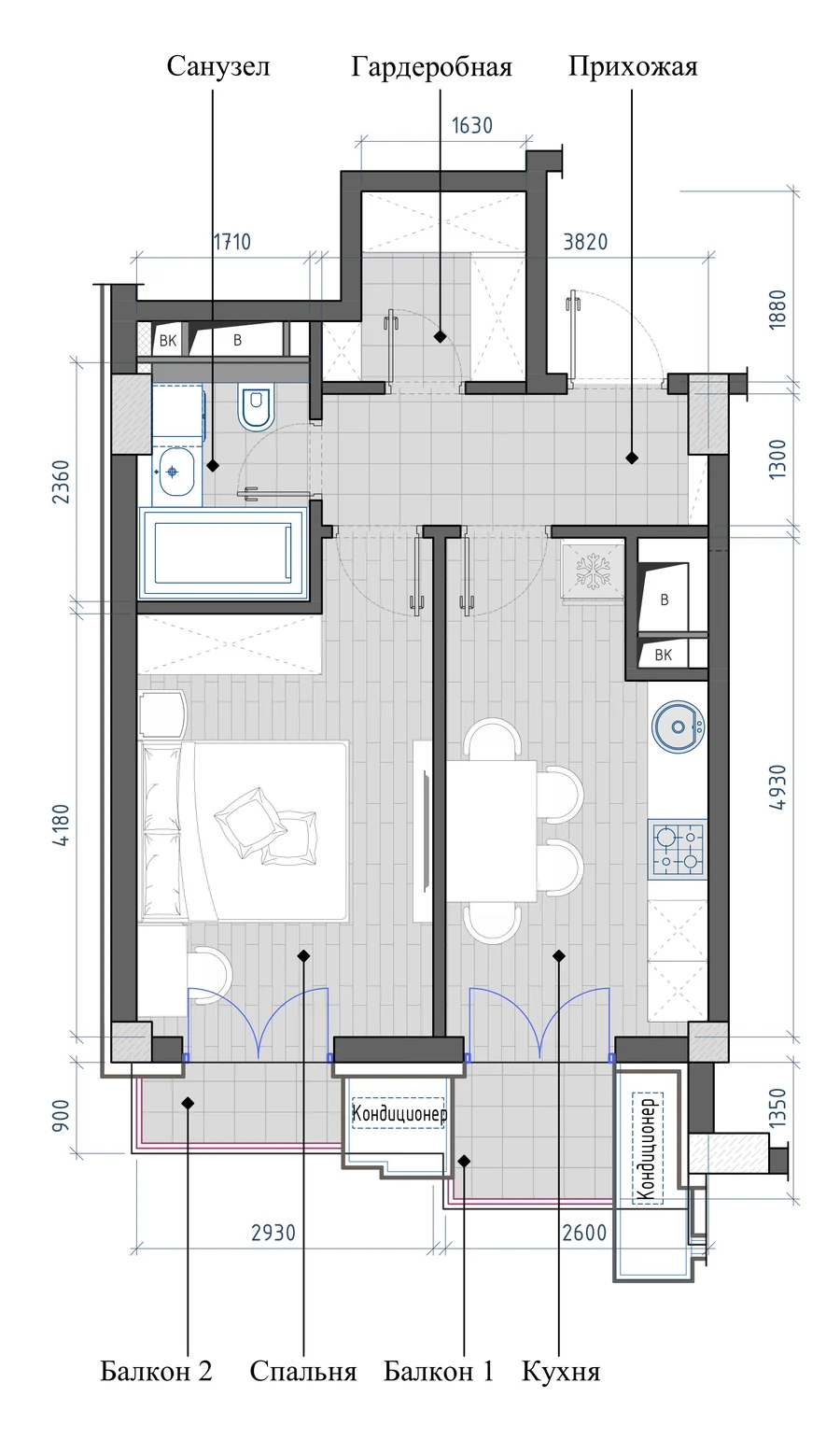 Layout: 1-room, 39.81 m²