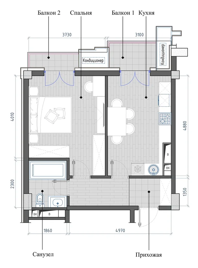 Планировка: 1-комнатная, 45,34 м²