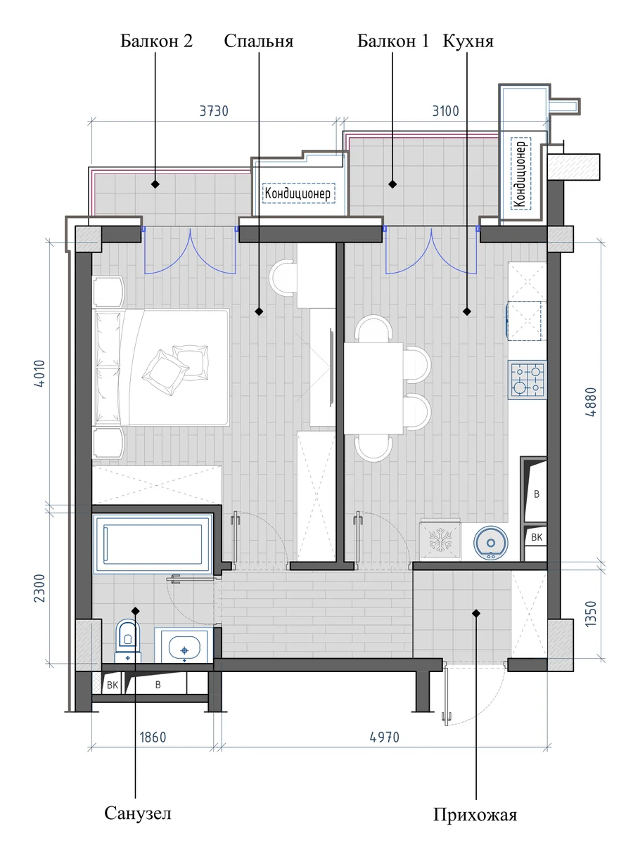Layout: 1-room, 45.34 m²