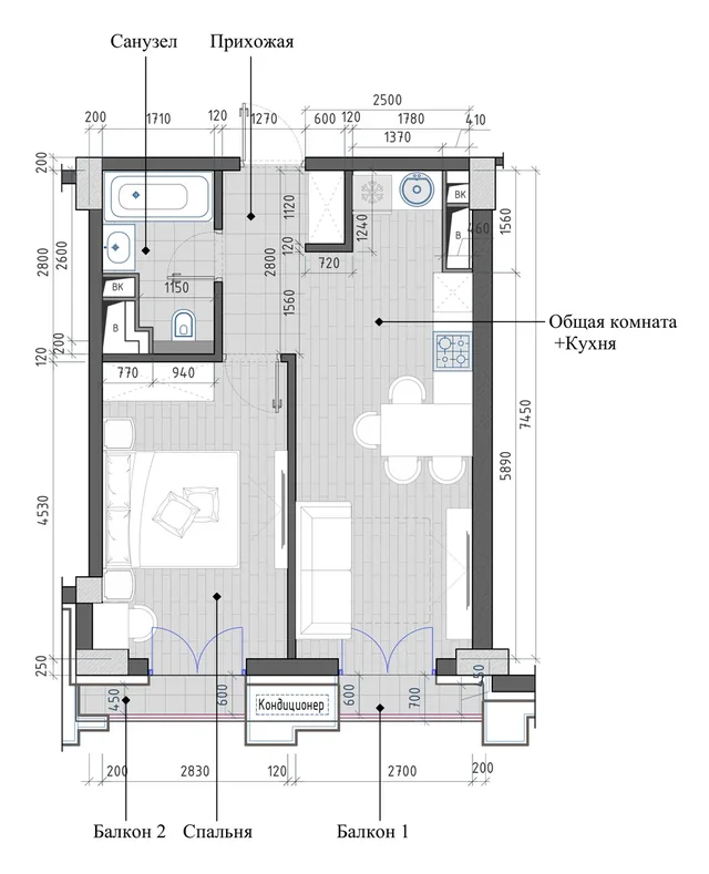 Планировка: 2-комнатная, 41,46 м²