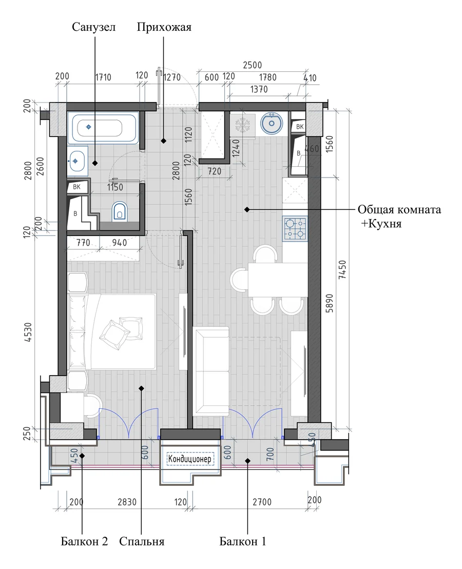 Layout: 2-room, 41.46 m²