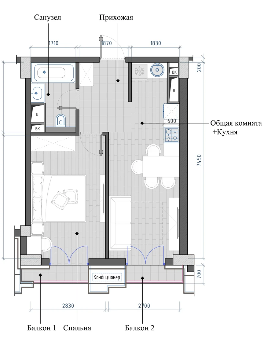 Layout: 2-room, 41.69 m²