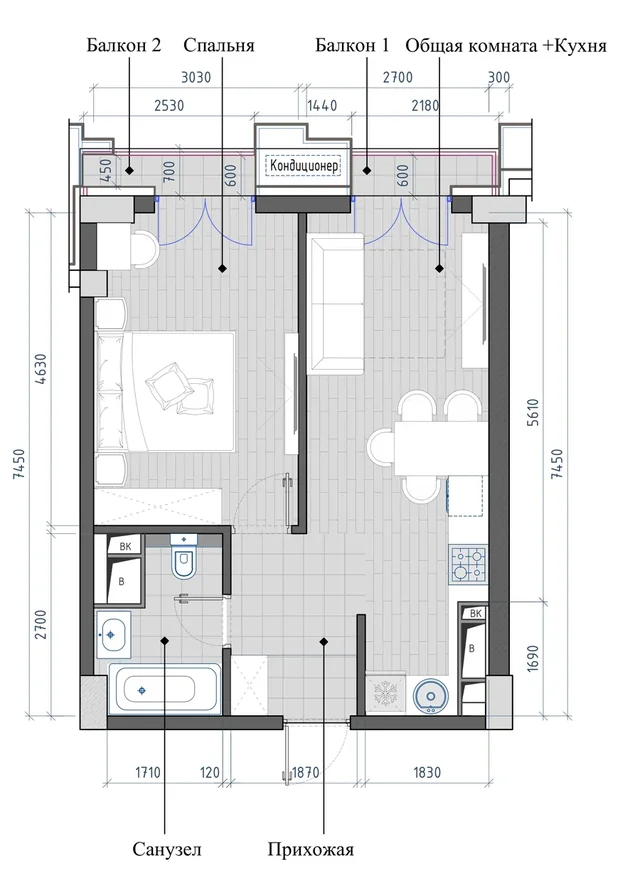 Планировка: 2-комнатная, 42,50 м²