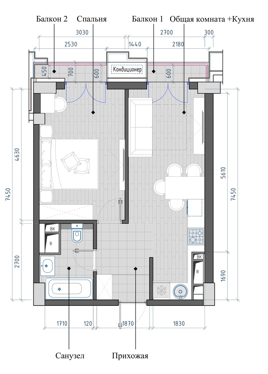 Планировка: 2-комнатная, 42,50 м²