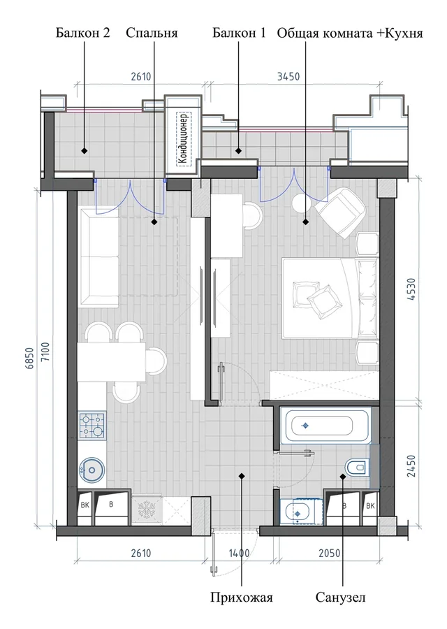 Планировка: 2-комнатная, 43,30 м²