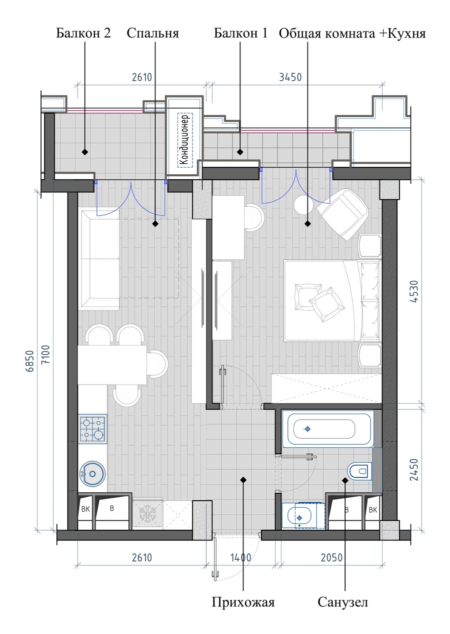 Планировка: 2-комнатная, 43,30 м²