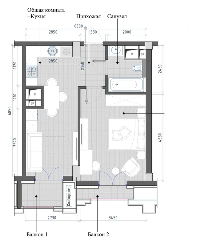 Планировка: 2-комнатная, 43,67 м²
