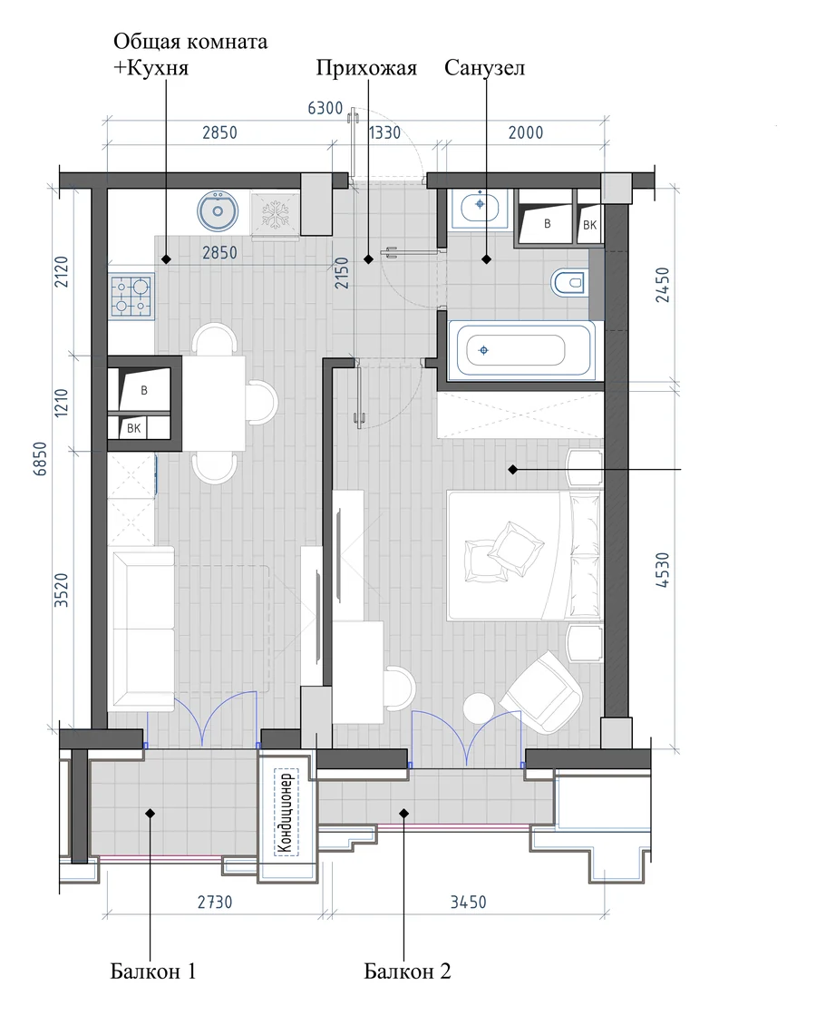 Layout: 2-room, 43.67 m²