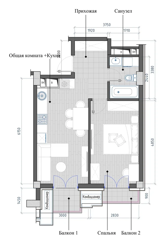 Планировка: 2-комнатная, 43,89 м²