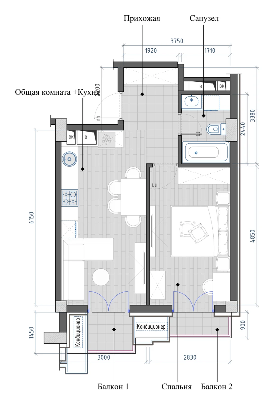 Планировка: 2-комнатная, 43,89 м²