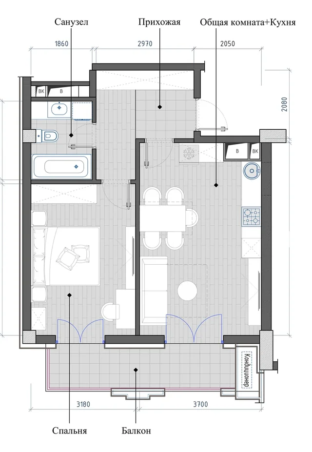Планировка: 2-комнатная, 52,52 м²