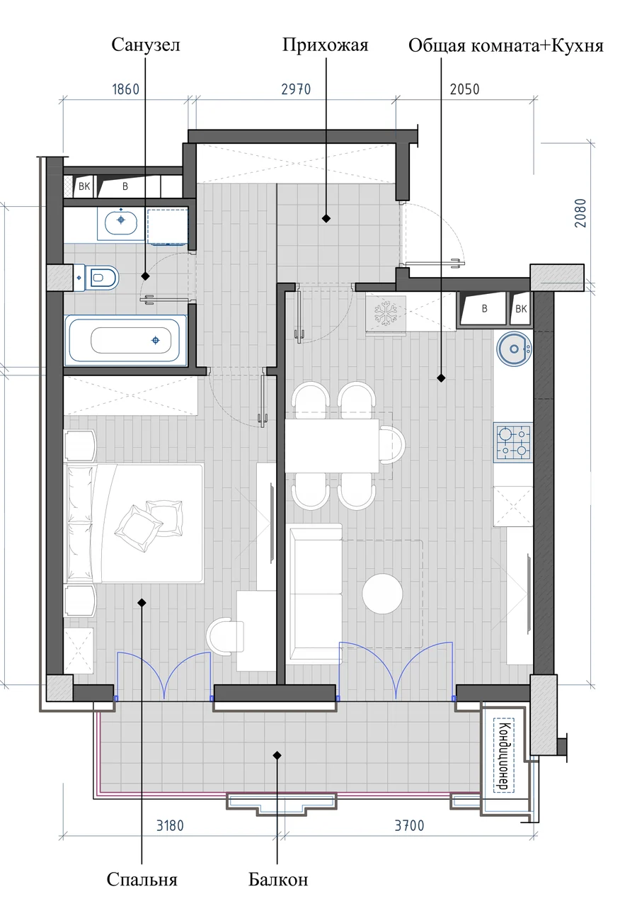 Layout: 2-room, 52.52 m²