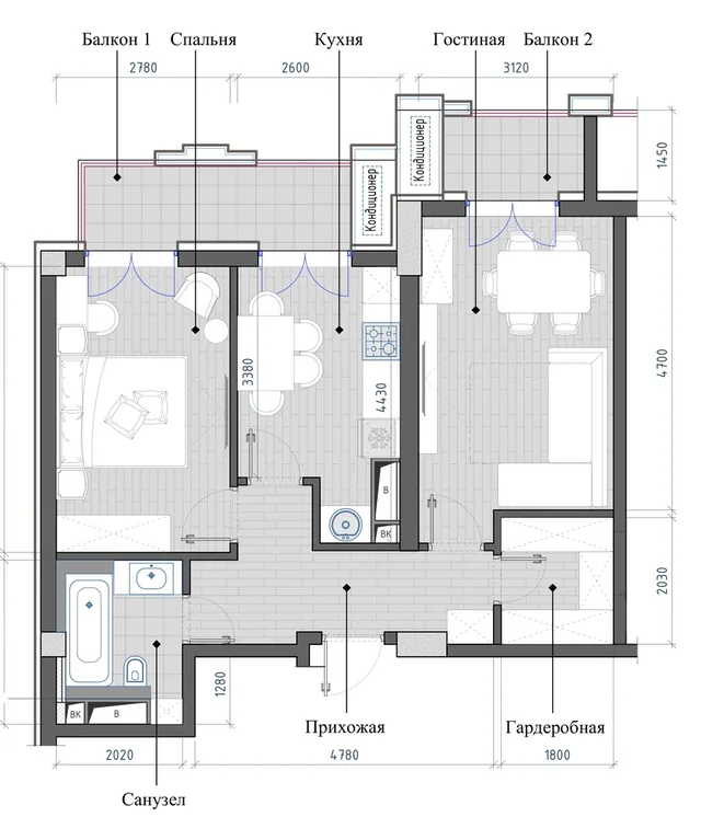 Планировка: 2-комнатная, 58,44 м²