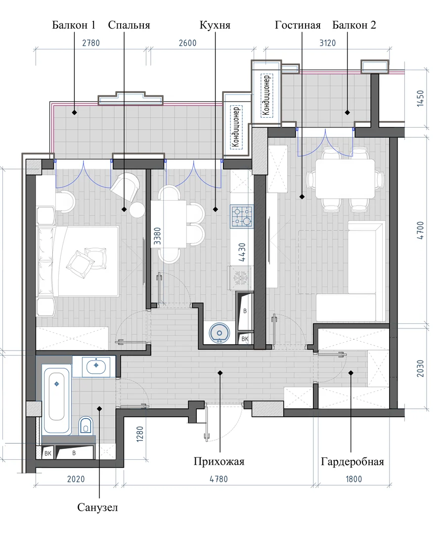 Layout: 2-room, 58.44 m²