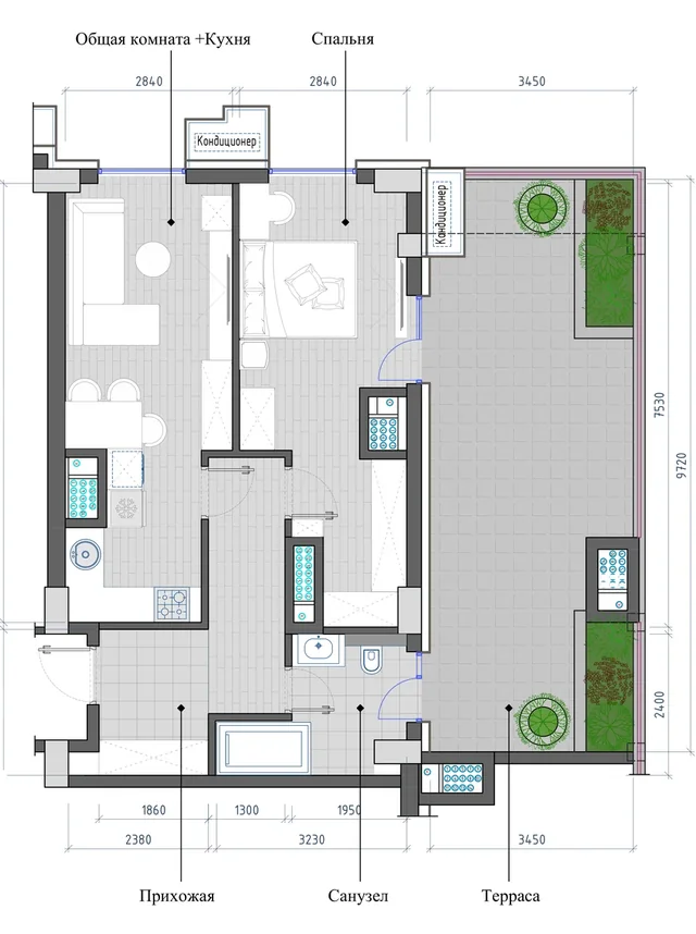 Планировка: 2-комнатная, 63,47 м²