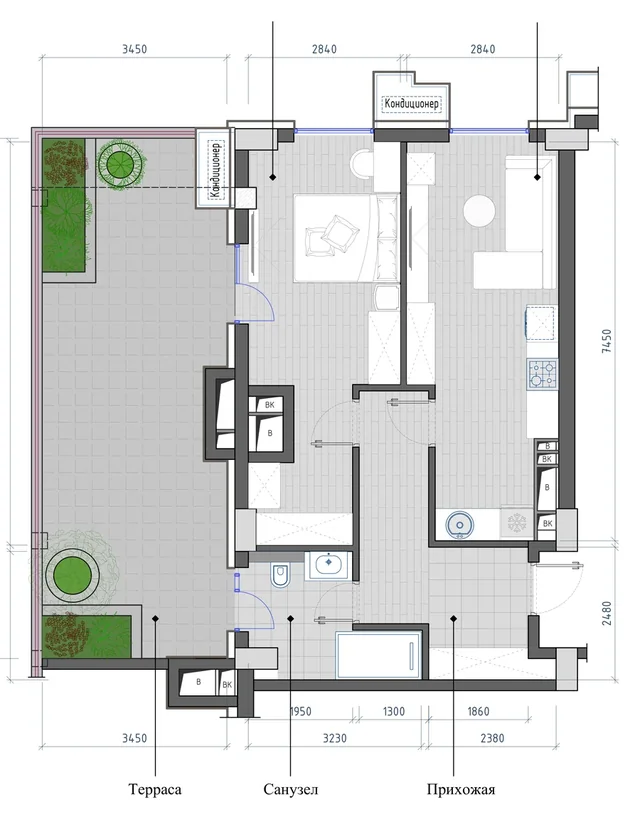 Планировка: 2-комнатная, 64,23 м²
