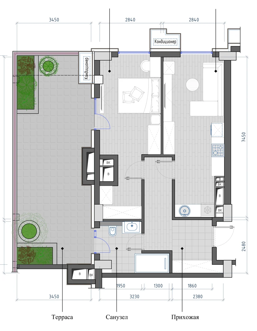 Layout: 2-room, 64.23 m²