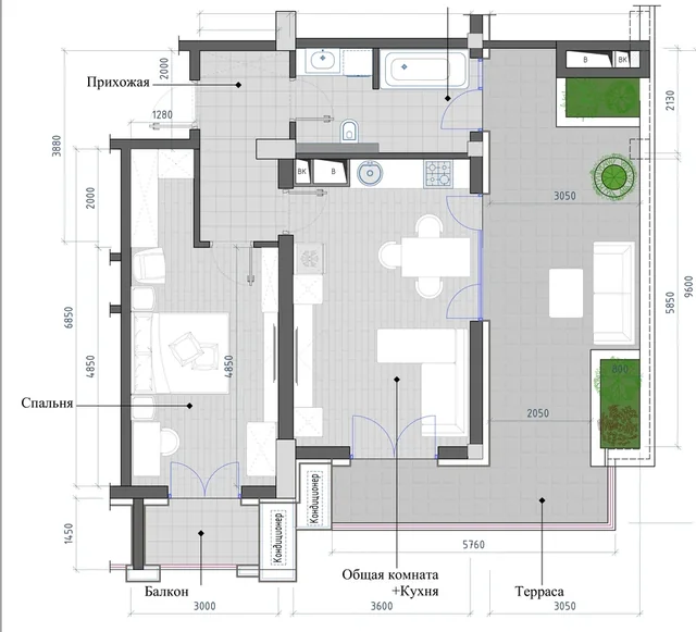 Планировка: 2-комнатная, 65,95 м²