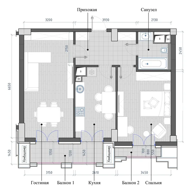 Планировка: 2-комнатная, 67,08 м²