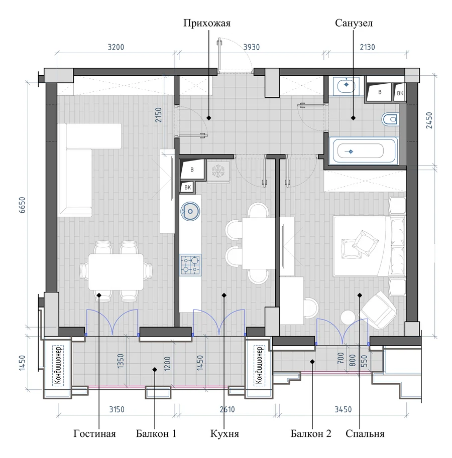 Layout: 2-room, 67.08 m²